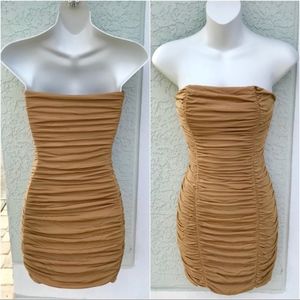 GUESS Gold Strapless Ruched Dress